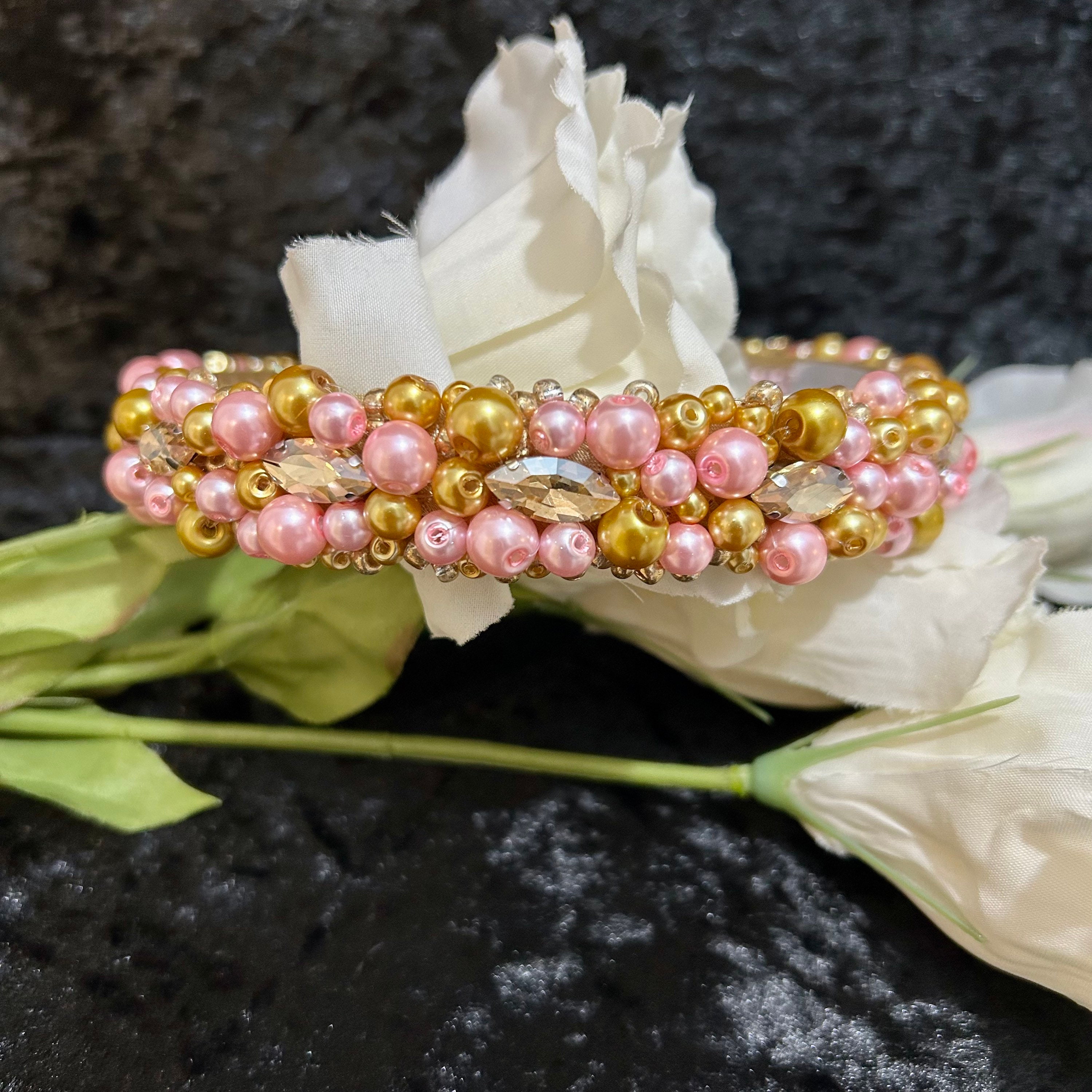 Elegant Pink and Gold Jeweled Headband Elegant Beaded Headband, Pink – Choupette main image 4