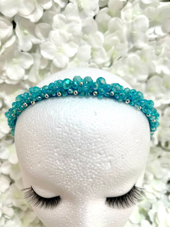 Aqua Blue Crystal Bead Headband: Ornate Jeweled Hair  display picture 1