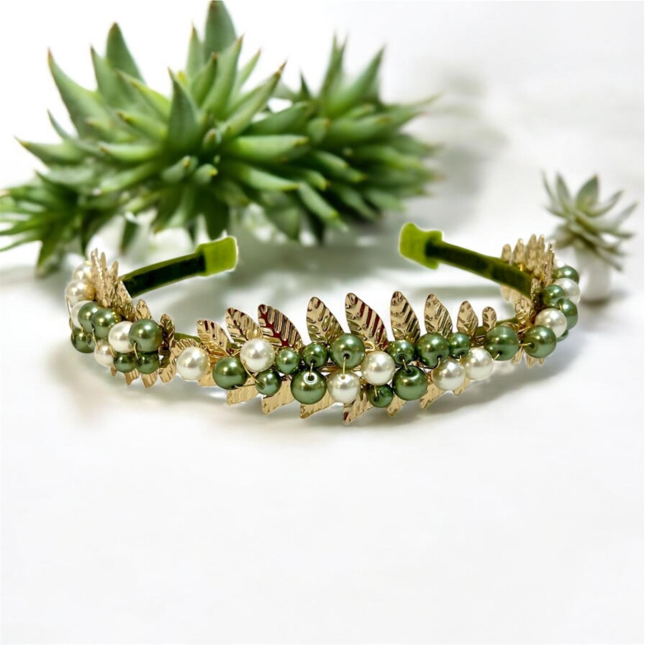 Green Crystal Wheat Leaf Headband - Gold Tone Gold Flower Crystal Headband: Green & Gold Leaf Hairband - Etsy main image 4