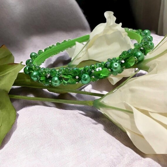 Crystal Green Headband Emerald Green Crystal Headband: Beaded Rhinestone Hair  main image 4