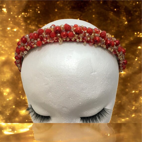 Red & Gold Beaded Headband: Elegant Bridal Hair Piece - Etsy display picture 1
