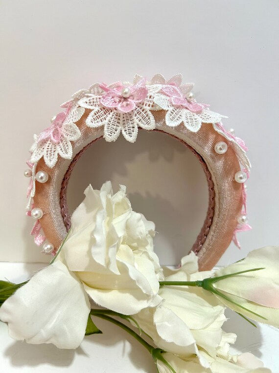 Pink & White Lace Flower Headband: Pearl Beaded Velvet  display picture 2
