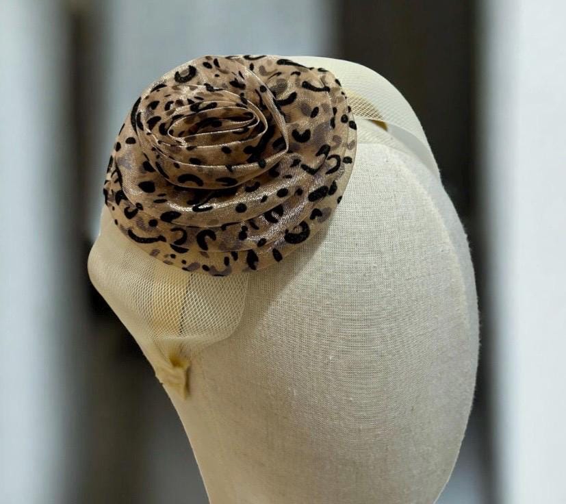 Women\'s Cream & Tan Floral Wide-Brim Fascinator Hat with Leopard-Print Ribbon Kentucky Derby Hats, Hats for Horse Races, Couture Designer  main image 4
