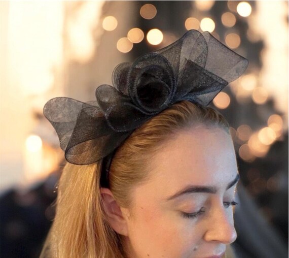 Black Fascinator w/Black Veil, Bow & Sequin Flower Cocktail Fascinator Hat with Spot Veil and Bow - Genevieve  main image 3