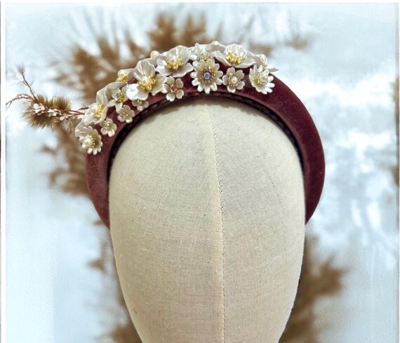 Dusty Pink Velvet Padded Headband: Pearl & Crystal Flowers 