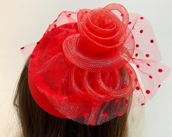 Red Fascinator, wedding hair accessories, wedding Fascinator, birdcage Fascinator, Classic, Clip on, flower Pill Box Hat