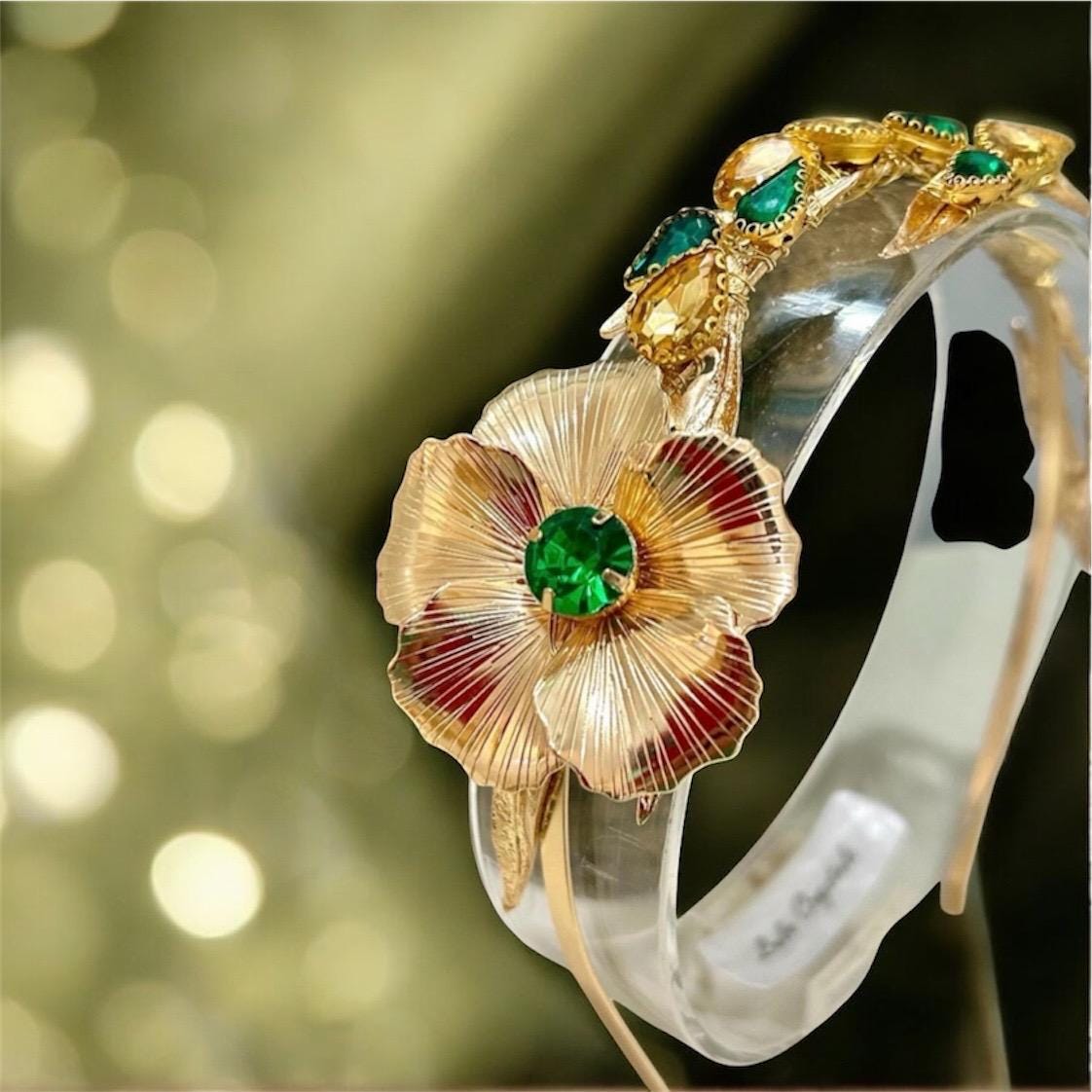 Gold Flower Crystal Headband: Green & Gold Leaf Hairband - Etsy display picture 3