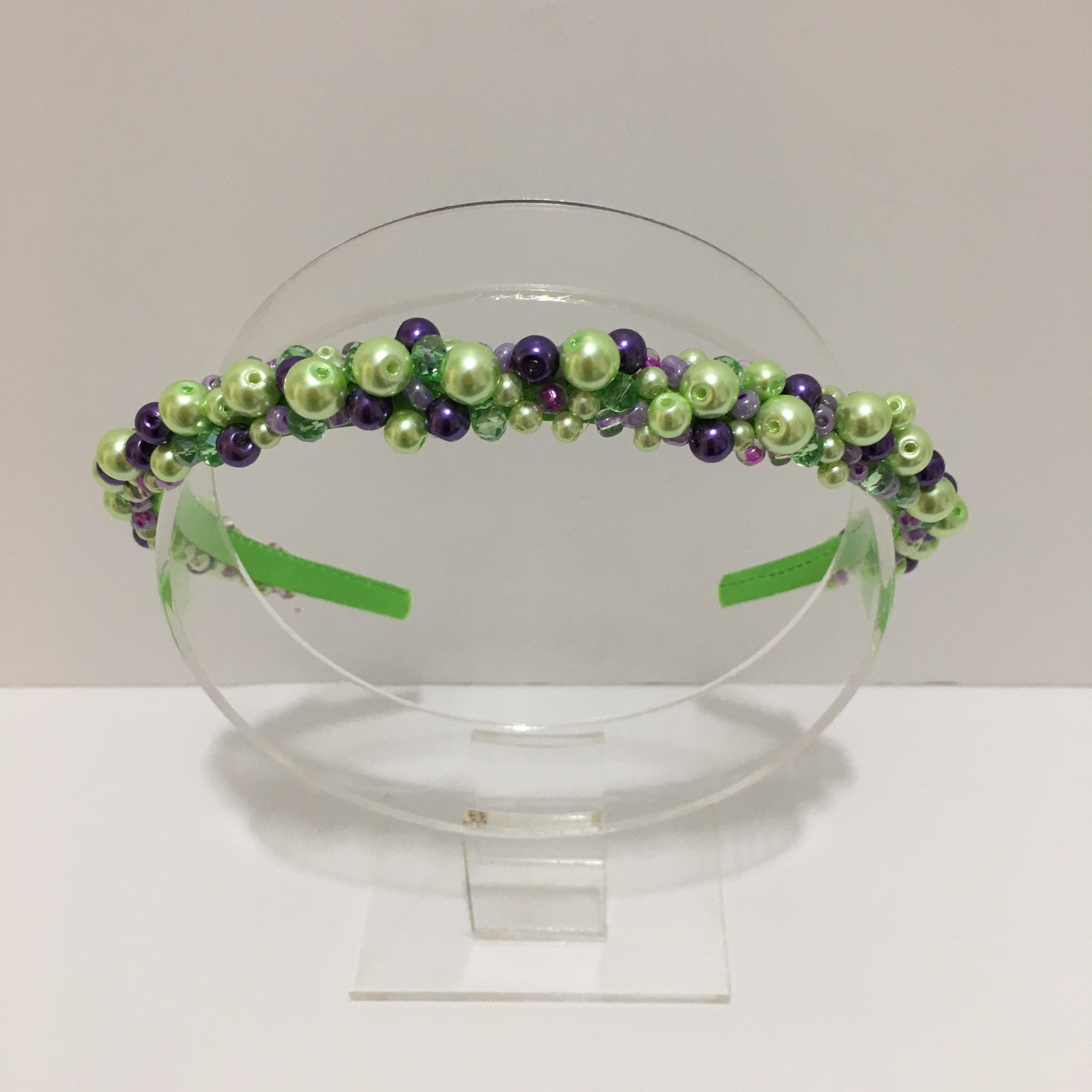 Embellished Headband: Lime Green, Purple Beads, Hand Sewn - Etsy display picture 1