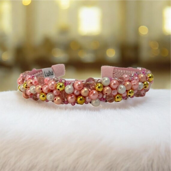 Handcrafted Pink & Gold Beaded Headband – Pearl Crystal  display picture 1
