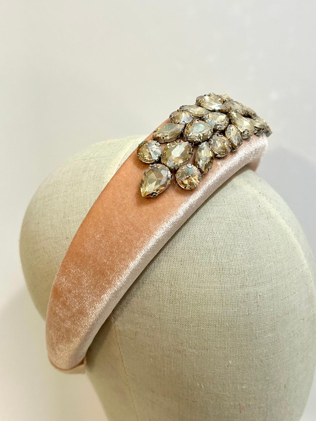 Peach Velvet Crystal Headband: Handmade Gold Embellished  display picture 2