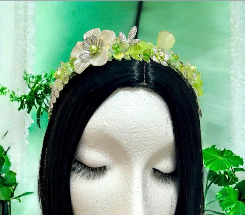 Lime Green Floral Headband: Pearl & Silver Leaf Hair Crown  display picture 2