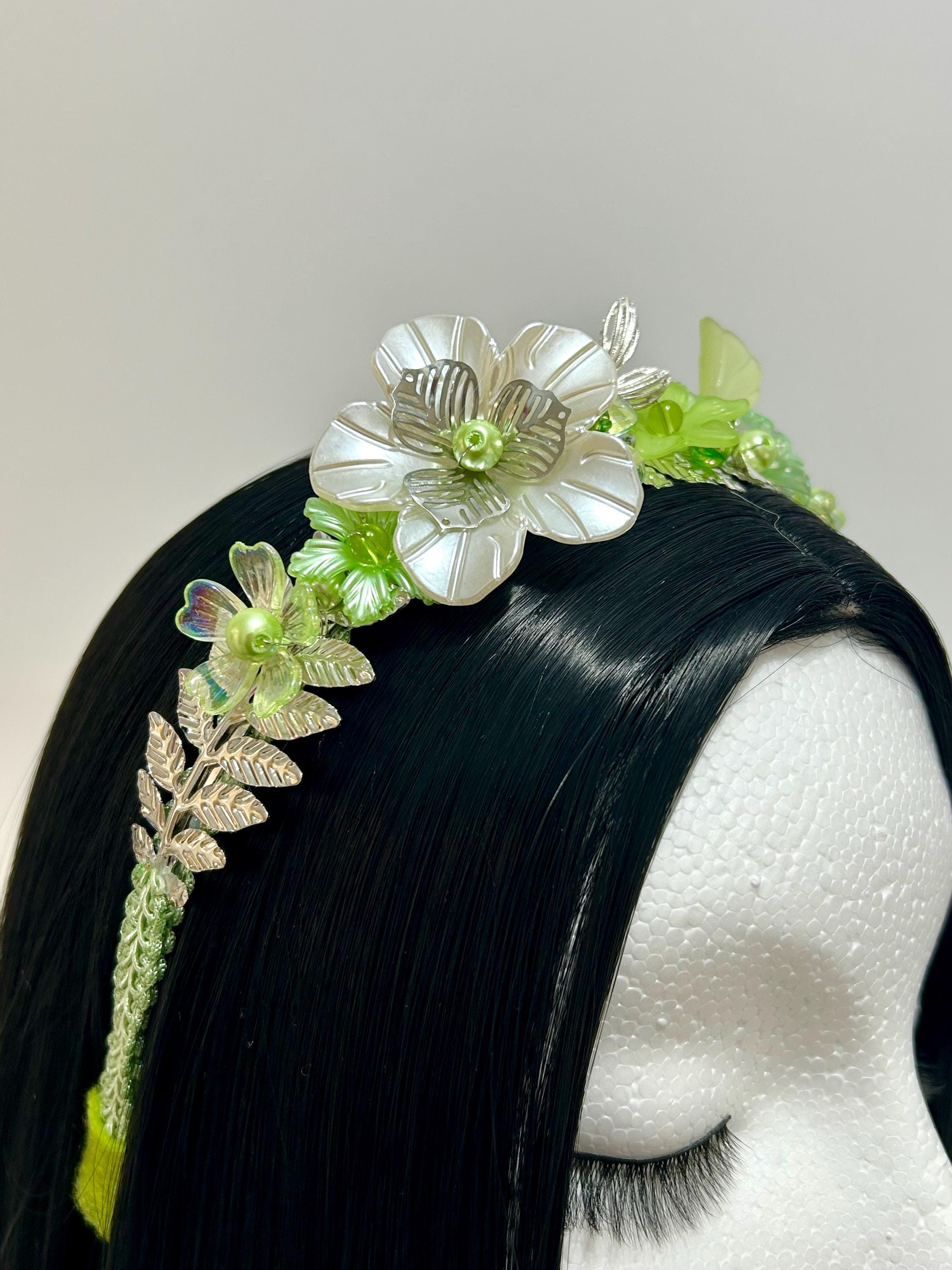 Lime Green Floral Headband: Pearl & Silver Leaf Hair Crown  display picture 1