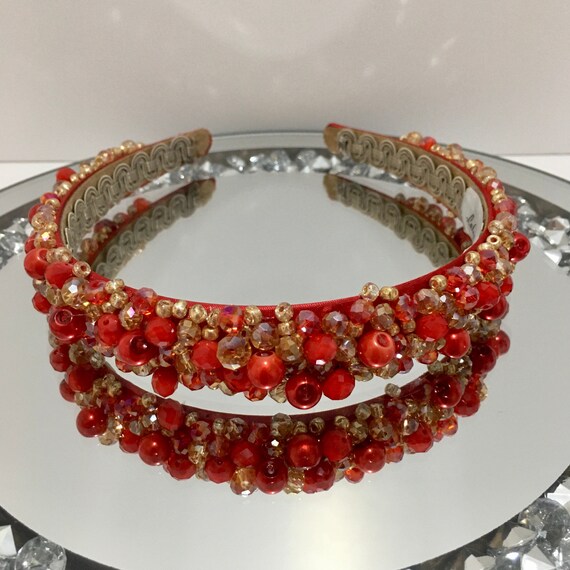 Red & Gold Beaded Headband: Elegant Bridal Hair Piece - Etsy display picture 2