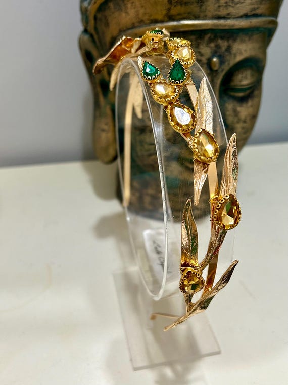 Gold Flower Crystal Headband: Green & Gold Leaf Hairband - Etsy display picture 2