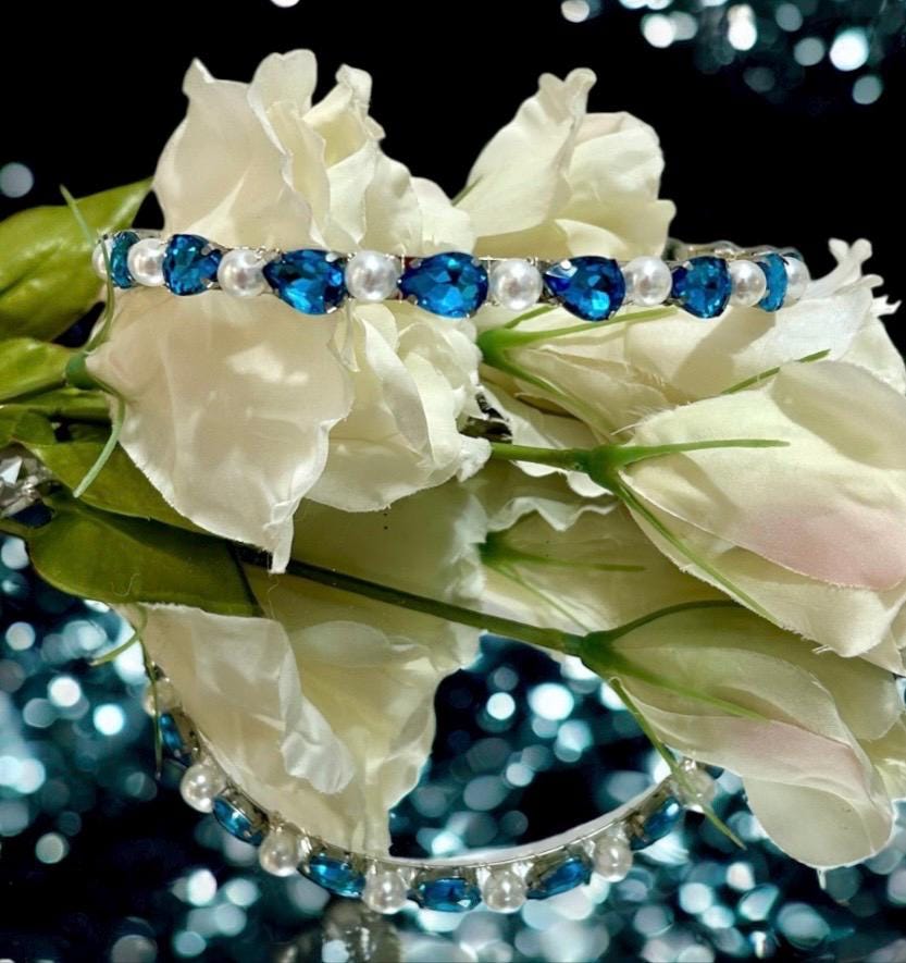 Blue Crystal Headband: Pearl & Silver Alice Band, Flower 