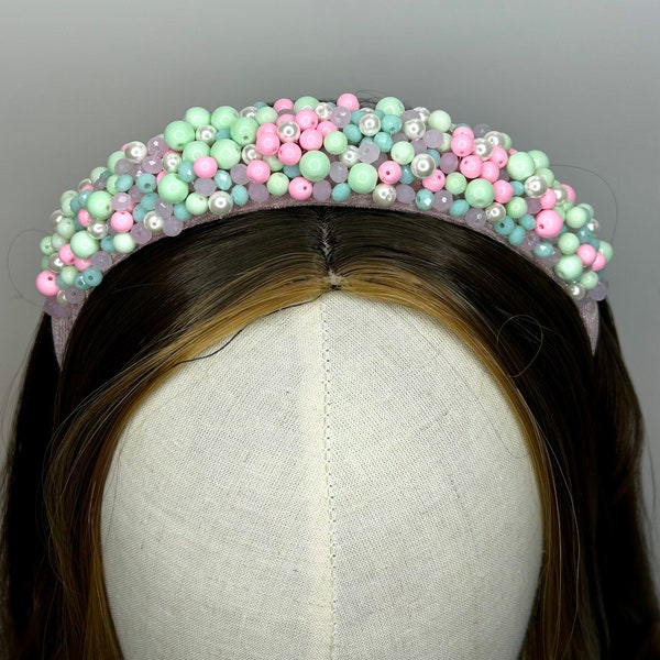 Pink, Mint Green, Pearls Ornate headband, beaded headband, Pink headband, Hair accessories, Garden parties, weddings, Green accessories