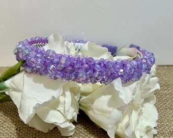 Lilac Crystal Headband: Hand-Sewn Beaded Satin Band