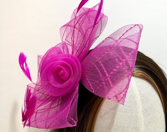 Hot Pink Fascinator, wedding hair accessories, feather Fascinator, birdcage, Classic, Clip on, flower headpiece, fuschia pink. headband,