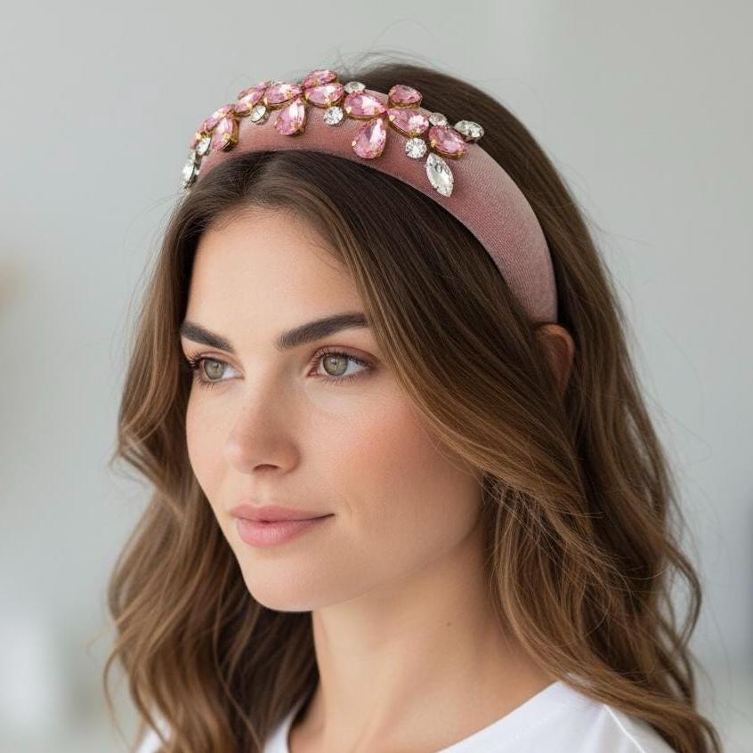 Dusty Pink Velvet Crystal Headband: Handmade Bridal  display picture 2