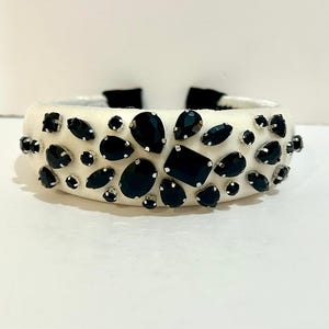Ivory Velvet Headband with Black Crystals, Black Bridal Hair Accessory, Gemstone Crown, Elegant Fascinator for Weddings or Events, ladies