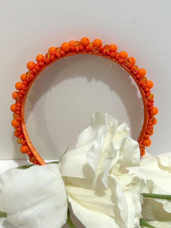 Bright Orange Beaded Headband: Hand Sewn Crystal Hair  display picture 3