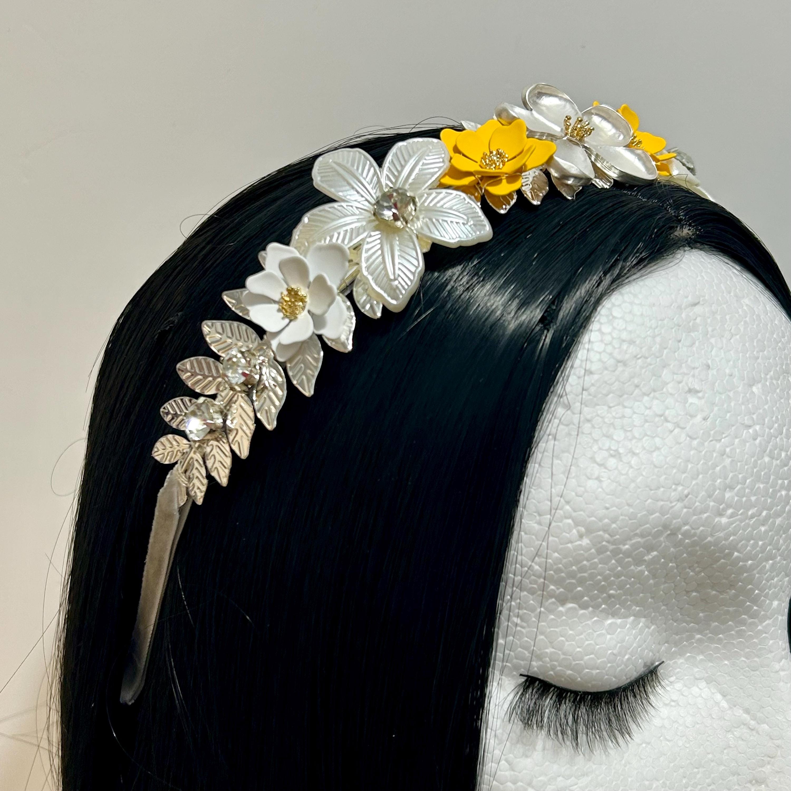Silver and Yellow Embellished Hairband Gold Crystal & Pearl Wedding Hairband: Bridal Princess  main image 3