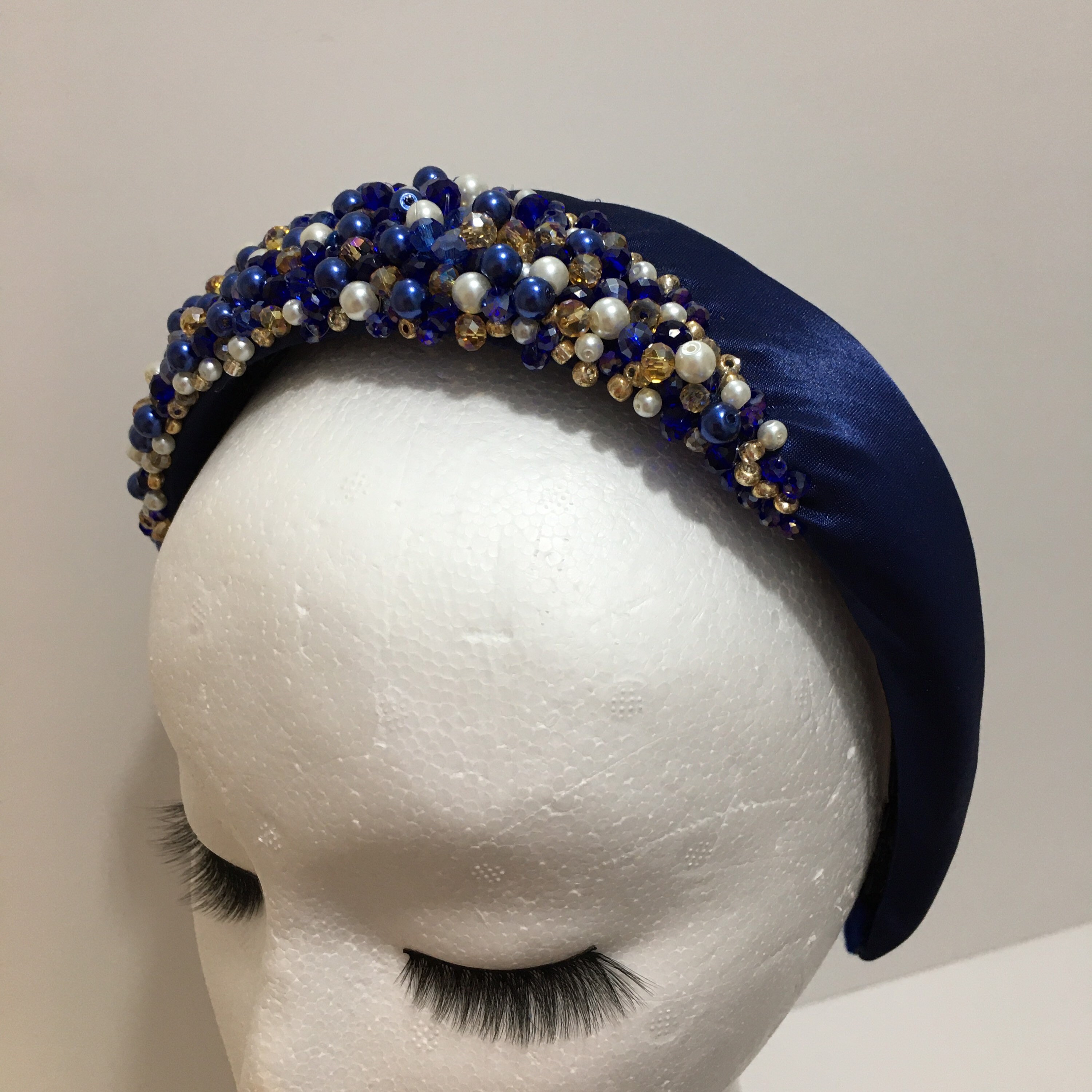 Navy Blue Beaded Headband: Crystal & Pearl Embellished  display picture 1