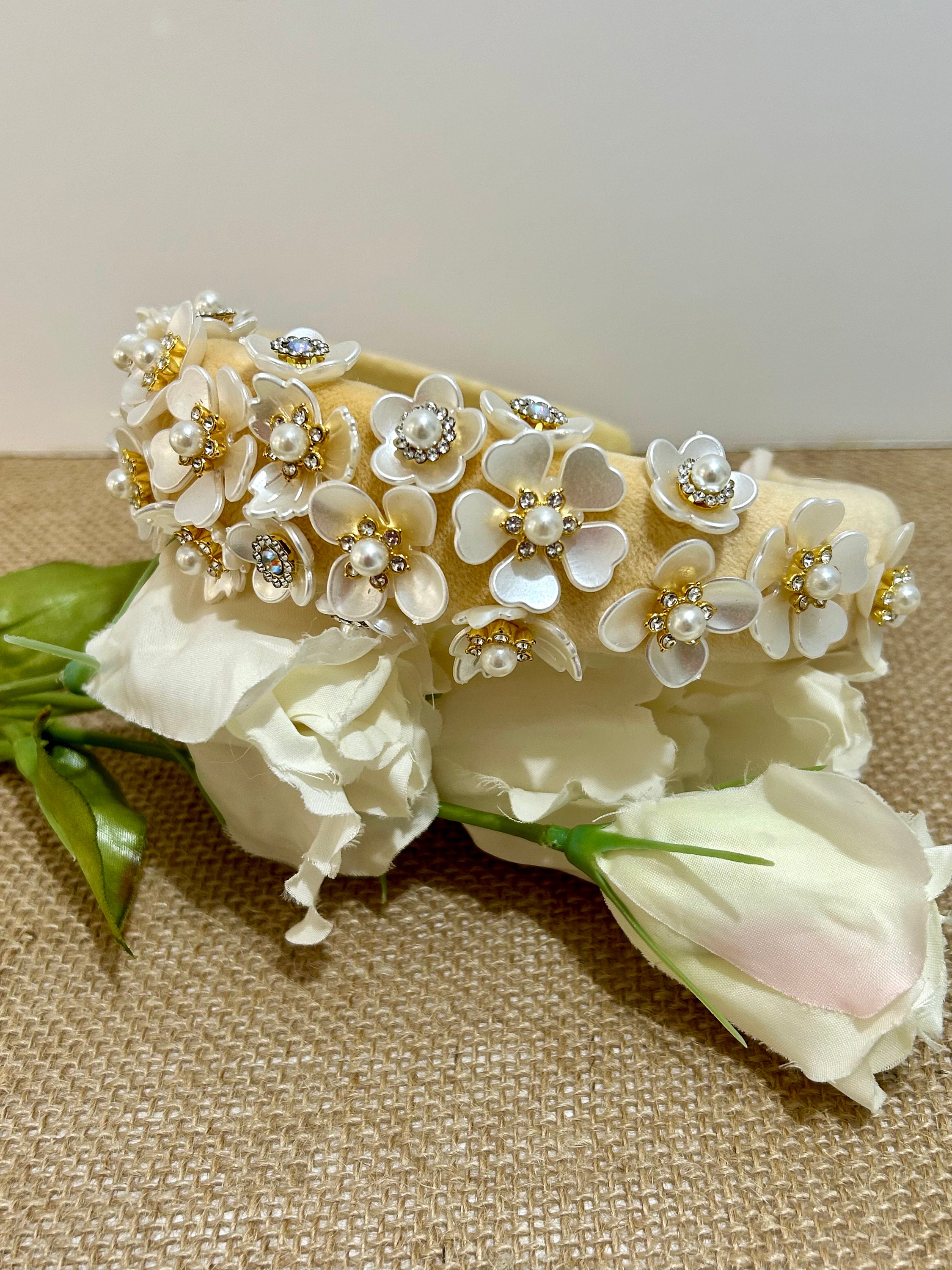 Stunning Cream Headband with Gold Details Embellished Knot Headband, Jeweled Knotted Headband  main image 4