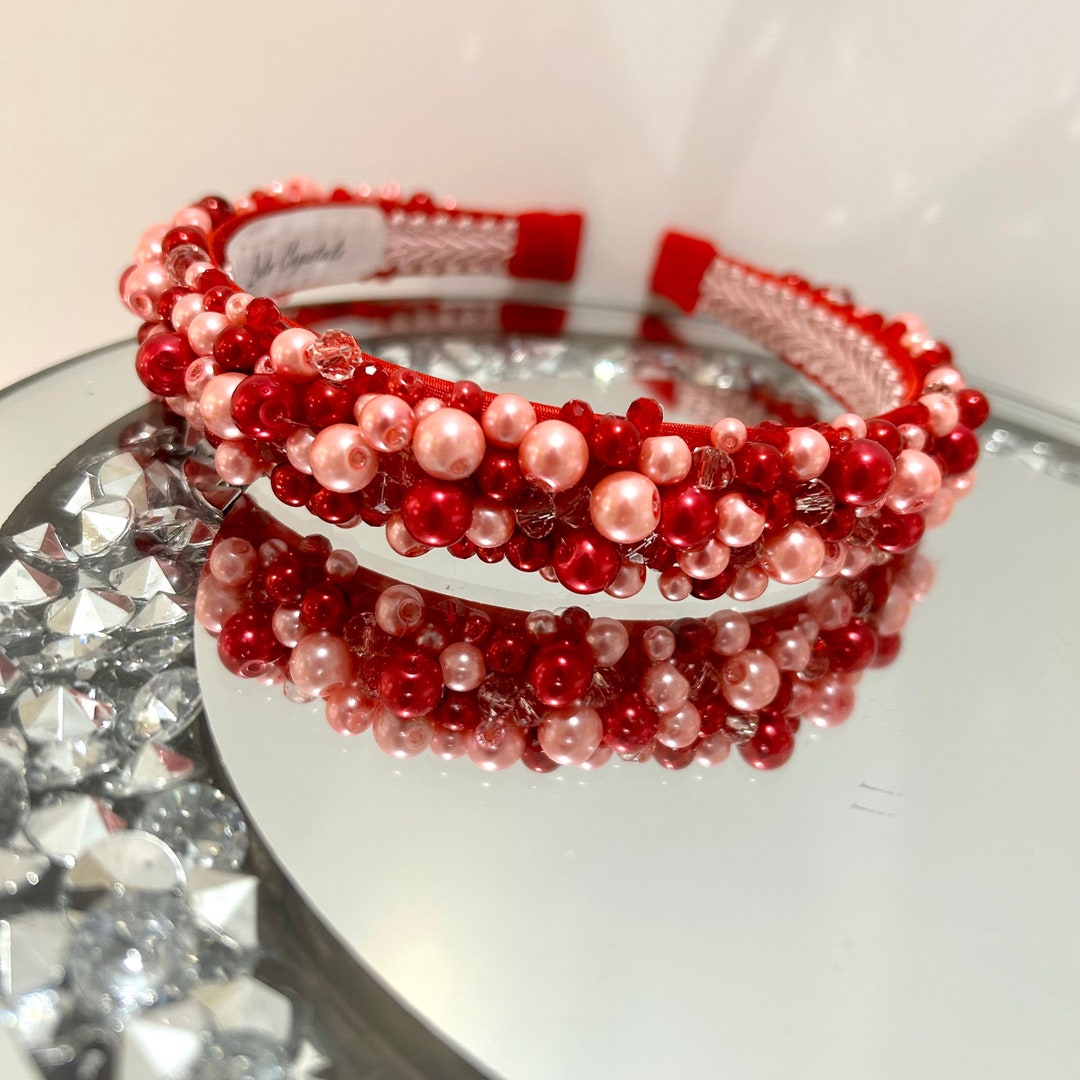 Red and Pink Headband Pink Red Beaded Crystal Headband Etsy