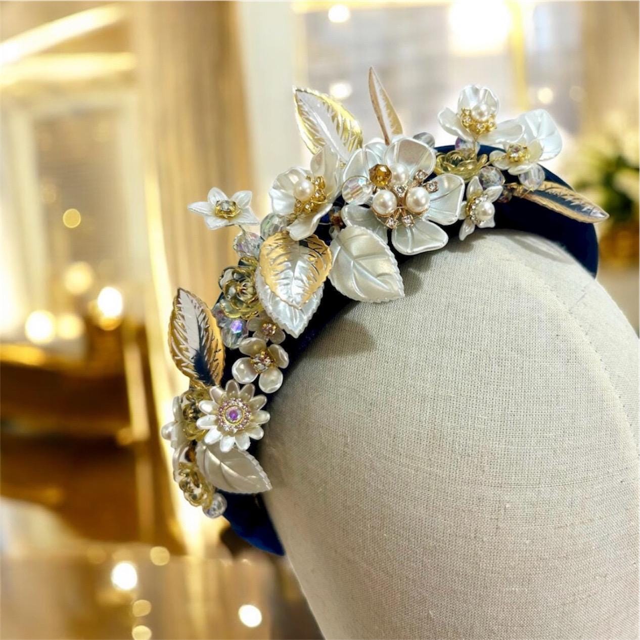 Vintage Baroque Crystal Pearl Padded Velvet Headband White Pearl Velvet Padded Headband, Large Matador Thick  main image 2