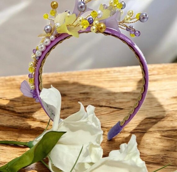 Luxurious Floral Beaded Headband in Purple and Gold Lilac Satin Headband: Beaded Floral Hair Accessory - Etsy main image 4