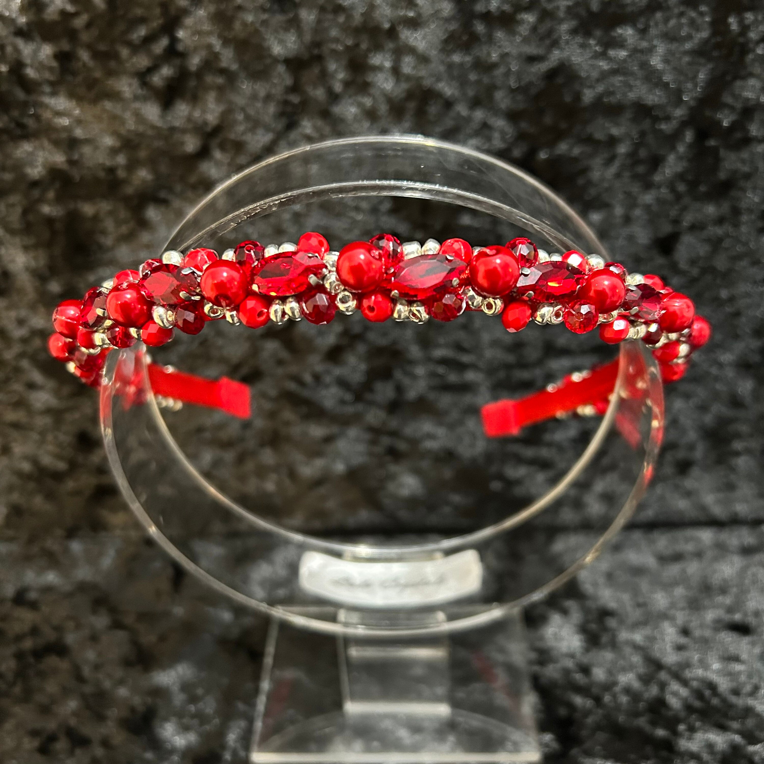 Red Crystal Headband: Ornate Rhinestone & Seed Bead Hair  display picture 2