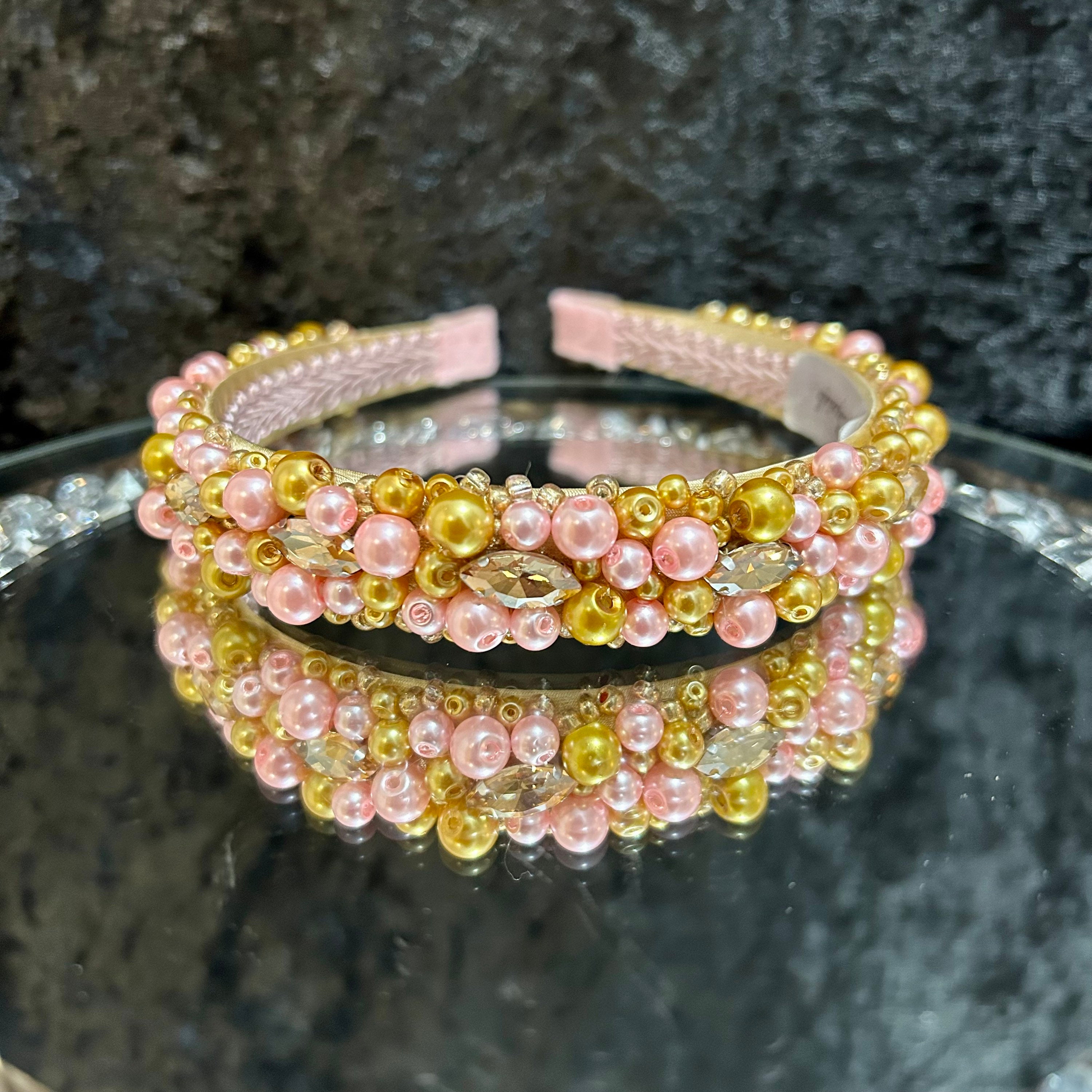 Elegant Pink and Gold Jeweled Headband Elegant Beaded Headband, Pink – Choupette main image 2