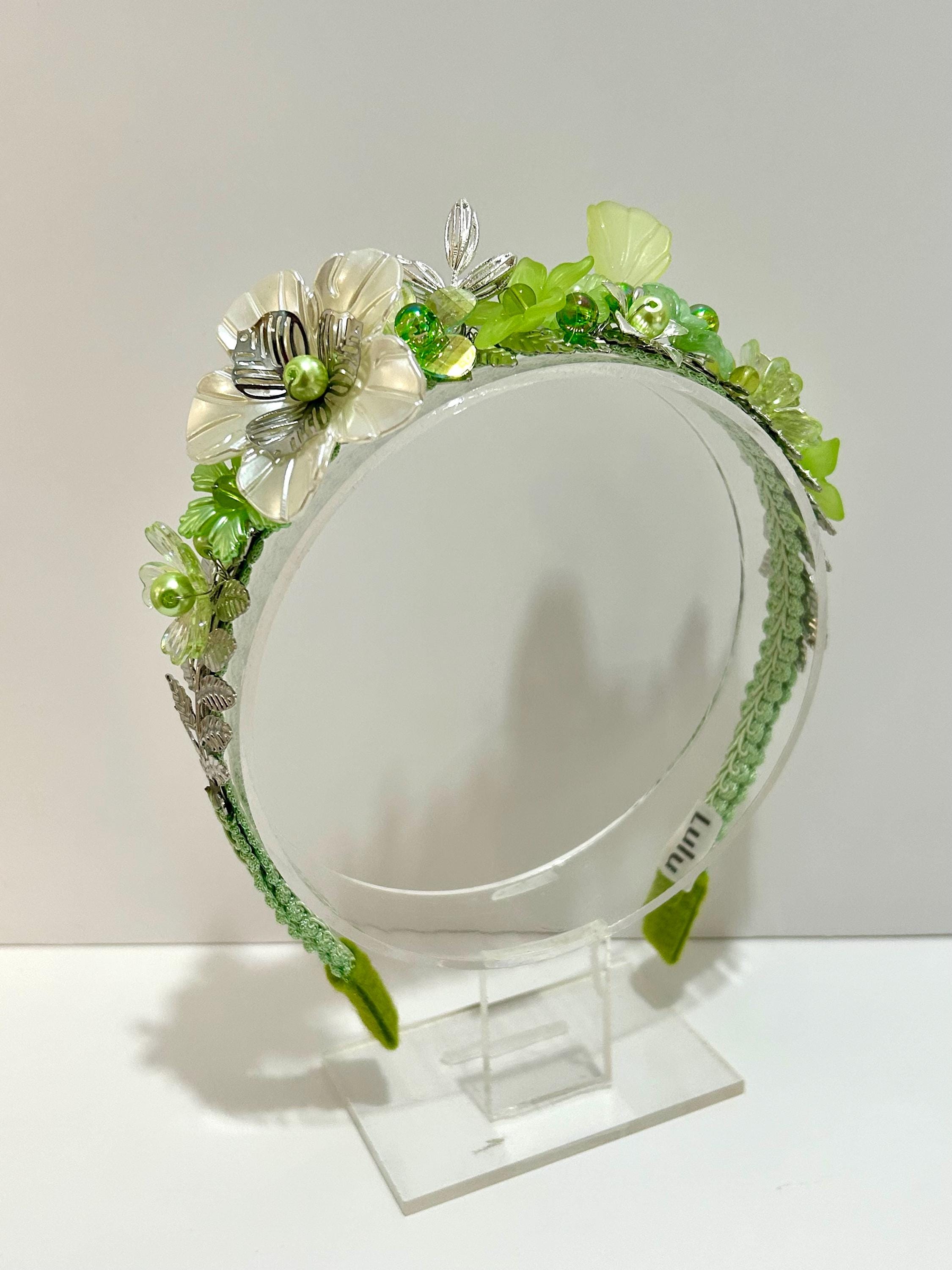 Lime Green Floral Headband: Pearl & Silver Leaf Hair Crown  display picture 3