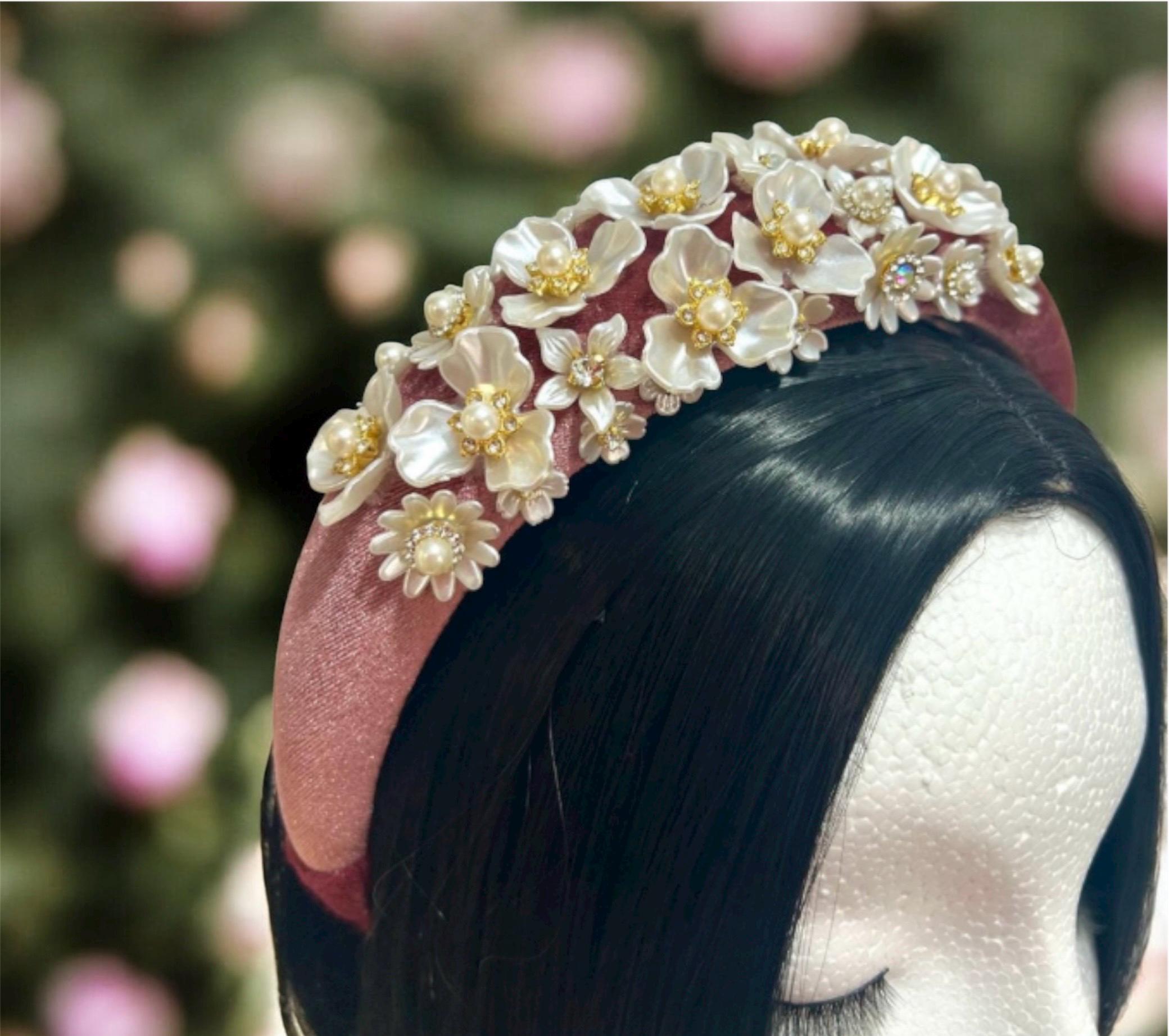 Pink Velvet Headband with Floral and Pearl Accents