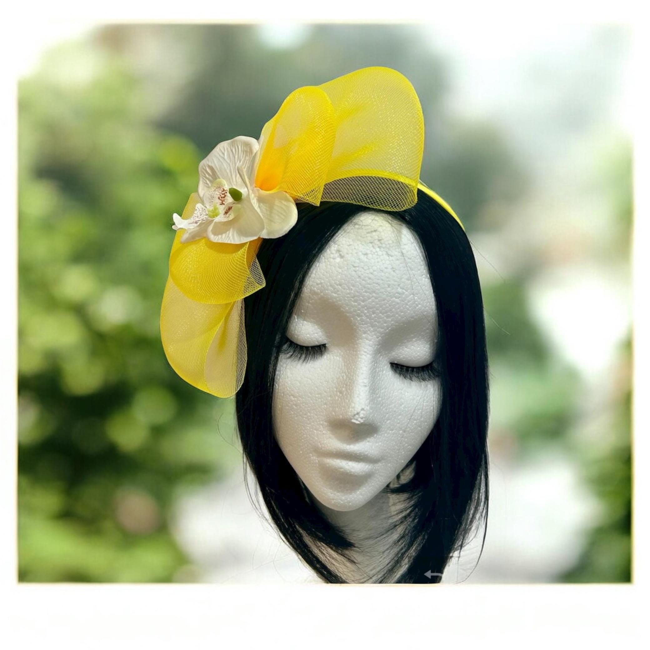 New Derby Hat Statement Yellow Orchid Fascinator Headband & Garden Party Ready Yellow Kentucky Derby Hatinator White Orchid Flower  main image 2