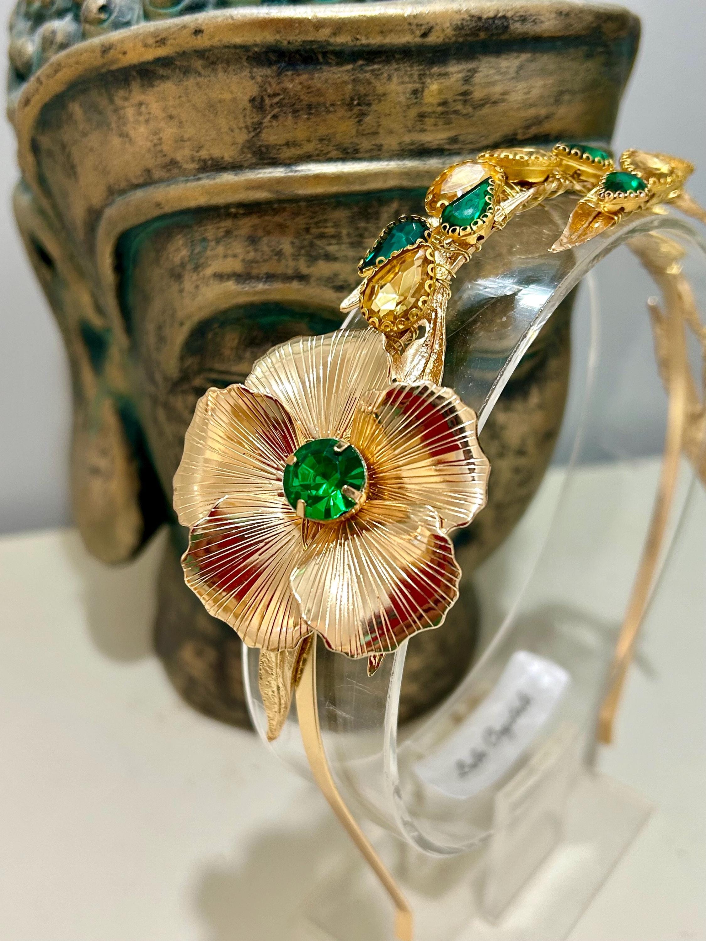 Gold Flower Crystal Headband: Green & Gold Leaf Hairband - Etsy