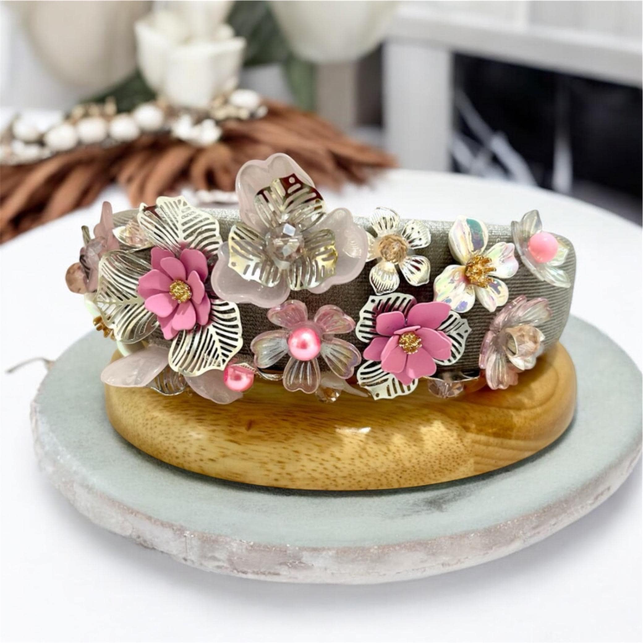 Pink Silver Flower Headband: Embellished Velvet Padded  display picture 1