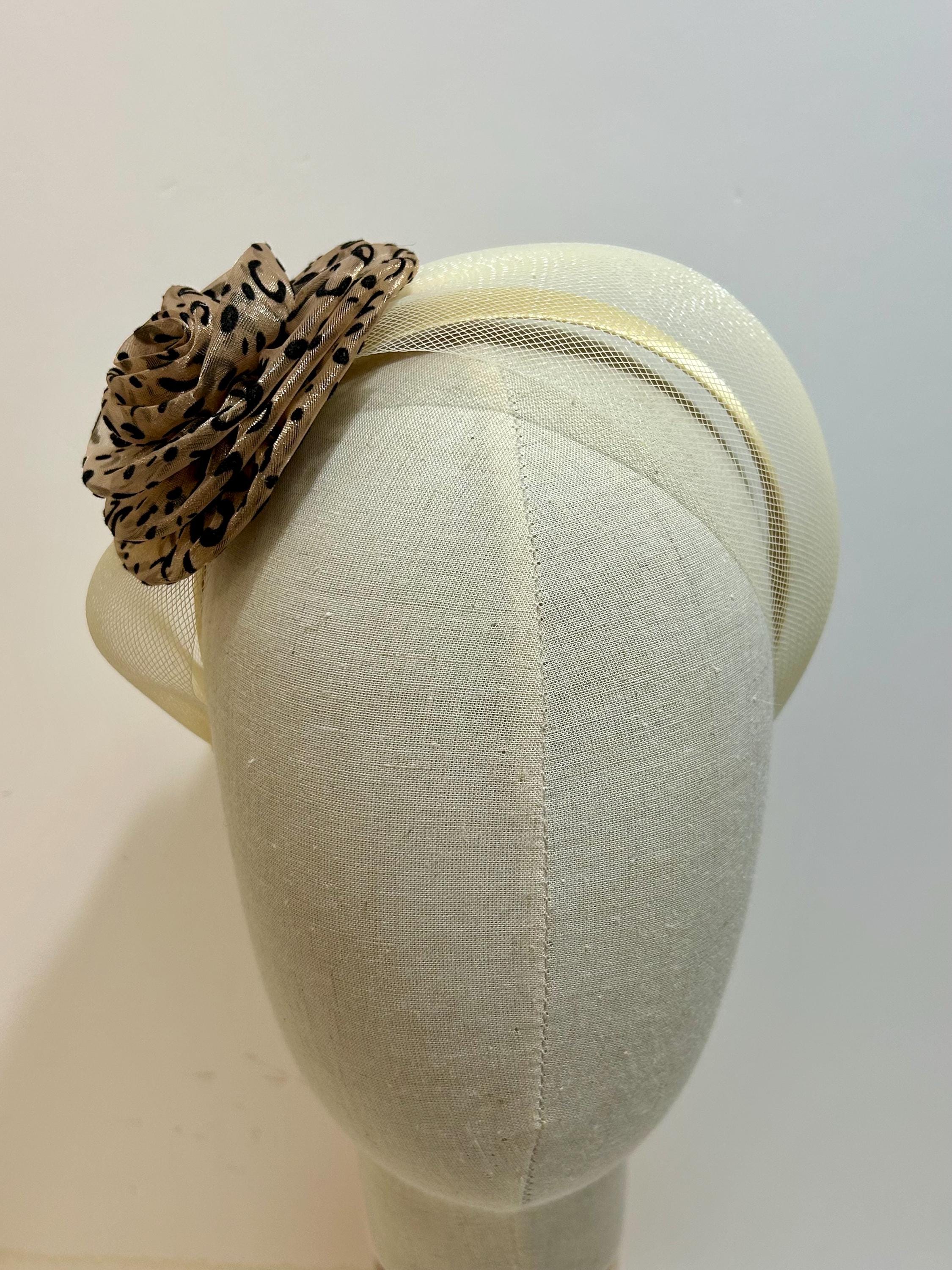 Women\'s Cream & Tan Floral Wide-Brim Fascinator Hat with Leopard-Print Ribbon Leopard Wide Brim Vintage Hats for Women for sale | eBay main image 4