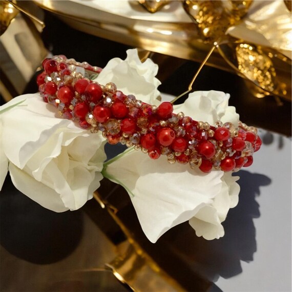 Elegant Red and Gold Embellished Headband Red & Gold Beaded Headband: Elegant Bridal Hair Piece - Etsy main image 4