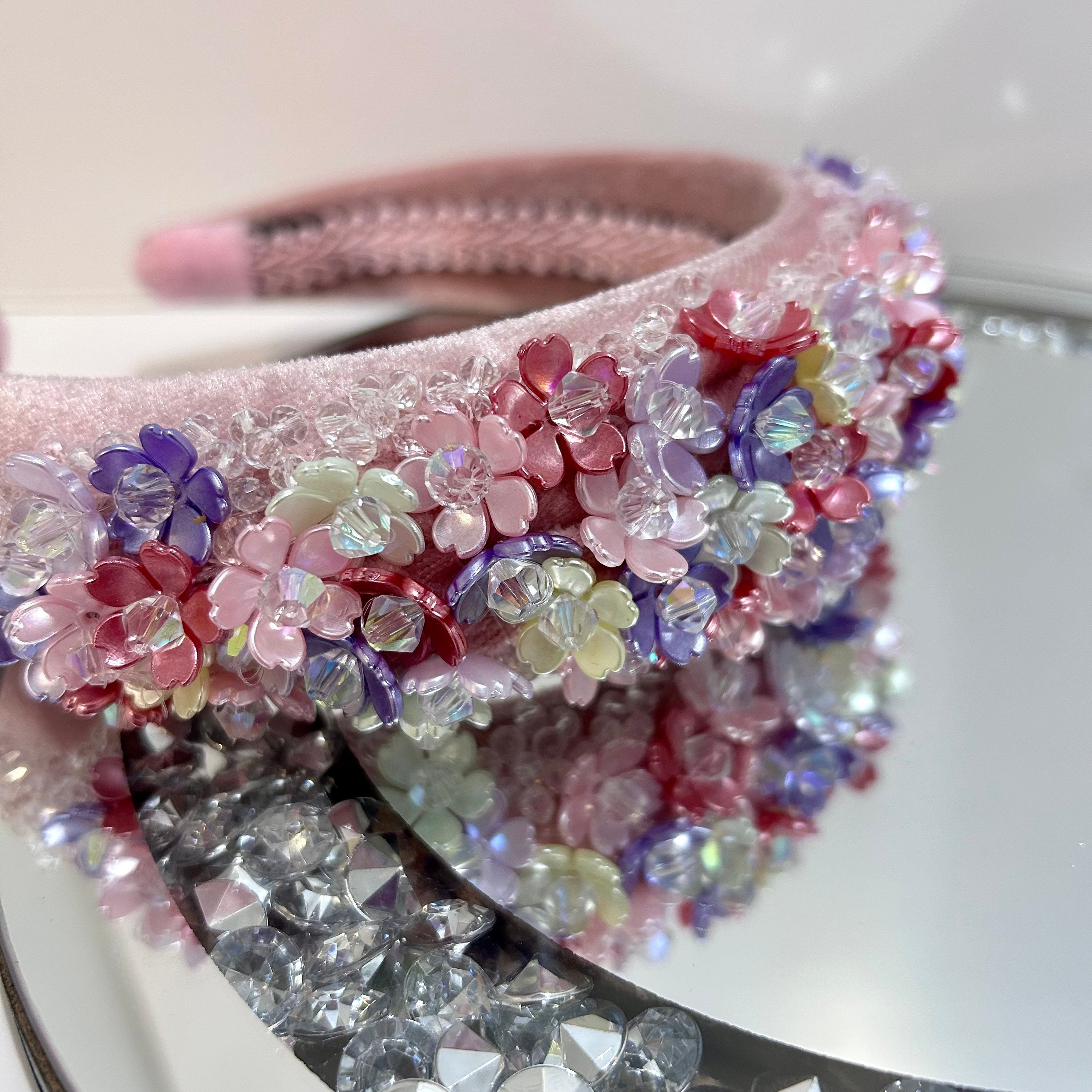 Embellished Pink Floral Headband with Crystal Accents Pink Floral Headband With Crystals, Pink Wedding Flower  main image 3