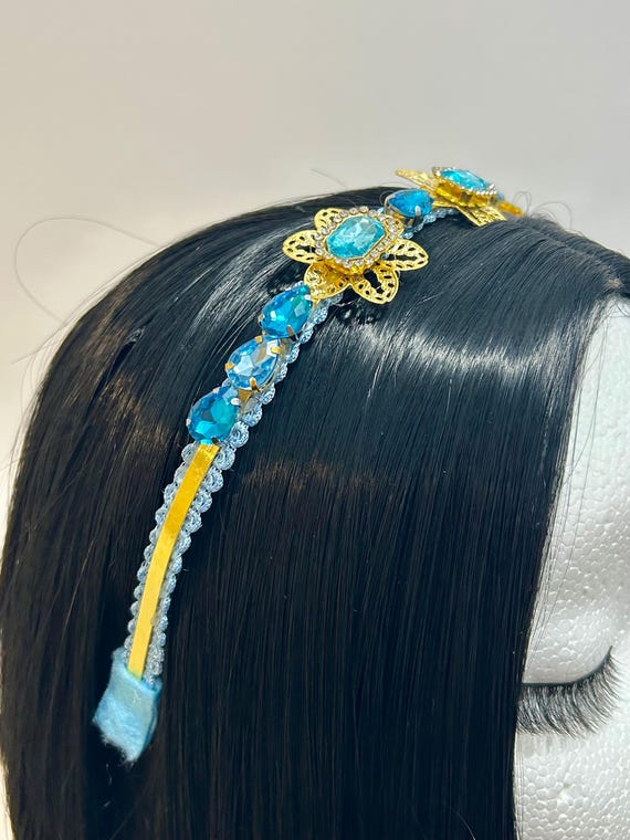 Blue & Gold Crystal Flower Headband: Bridal Tiara, Prom  display picture 1