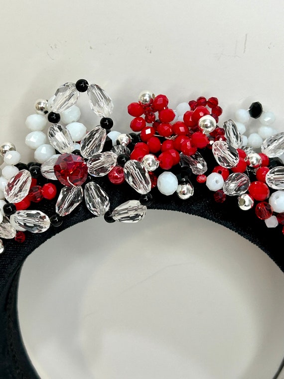 Floral Beaded Headband - Black and Red Burgundy Floral Lace Headband With Iridescent Beads- Elegant  main image 2