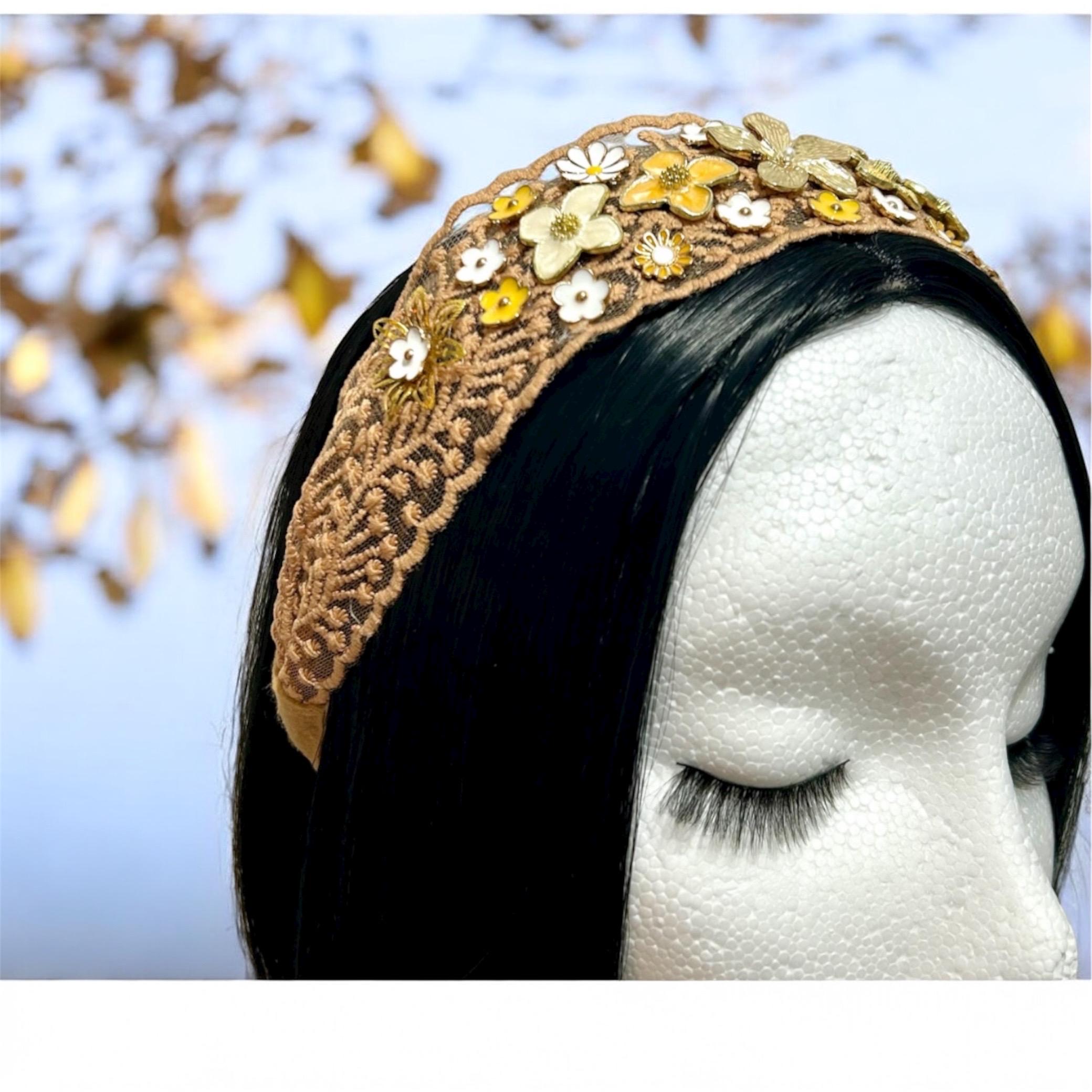 Embellished Yellow Headband with Floral Design Lemon Loves Layette Lily Pad Headband for Baby Girls in  main image 3
