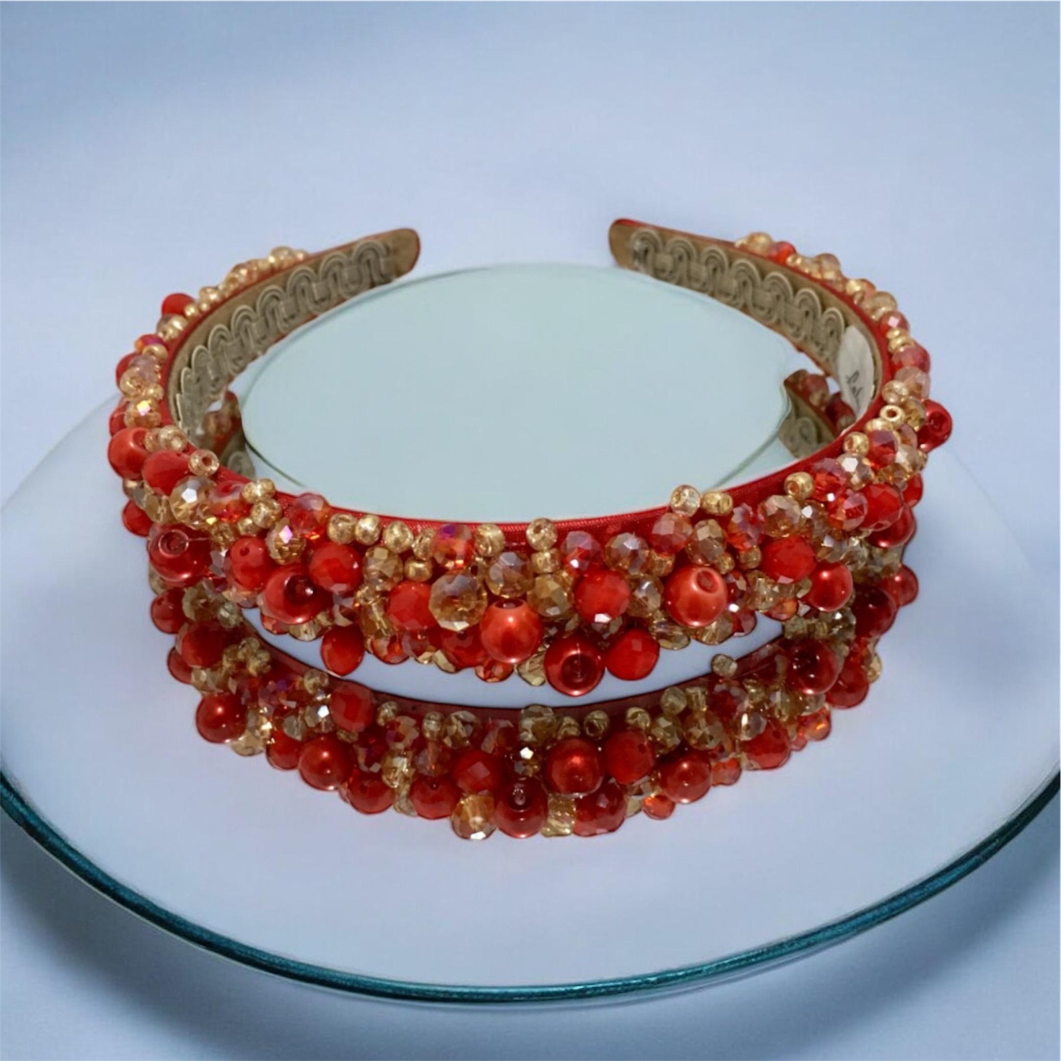 Red & Gold Beaded Headband: Elegant Bridal Hair Piece - Etsy