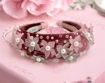 Pink Velvet Padded Headband With Hand-embroidered Pearls and  display picture 2
