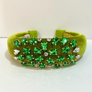 Green Velvet Crystal Headband – Padded Gemstone Crown, Sparkling Statement Hairpiece, Handmade Fascinator for Weddings or Special Events,