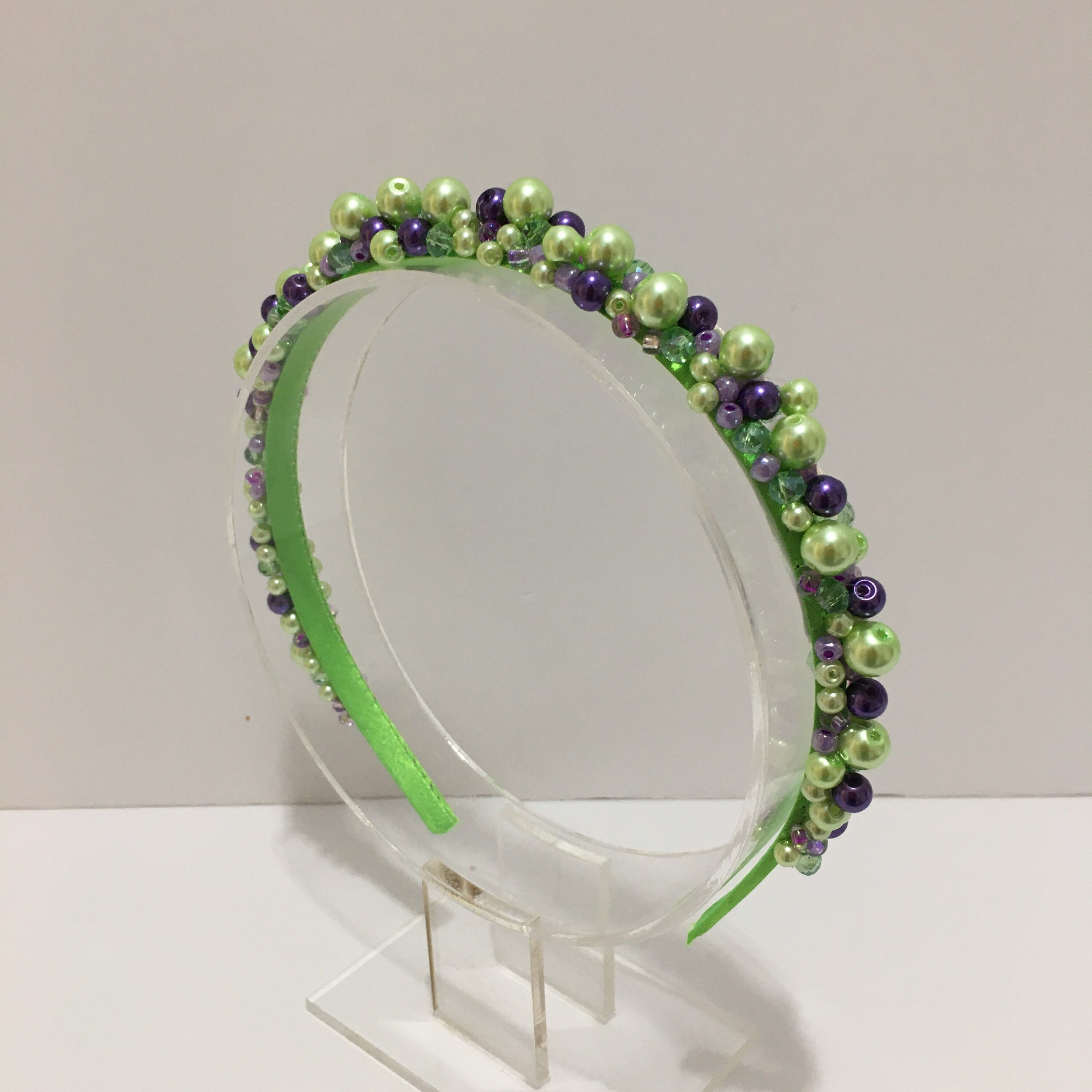 Embellished Headband: Lime Green, Purple Beads, Hand Sewn - Etsy