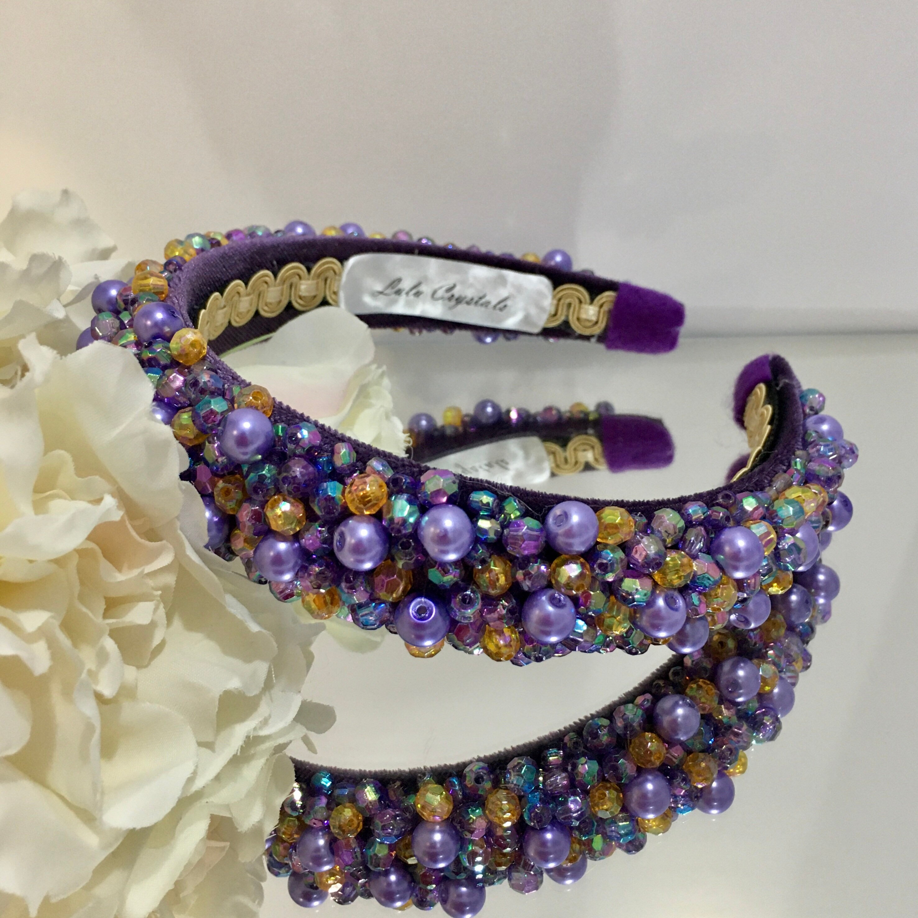 Purple Crystal Headband: Wide Beaded Satin Band, Handmade Hair Accessory