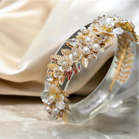 Gold Leaf Floral Headband with White Flowers Calla Lily Bridal Headband: Gold Leaf & Swarovski Crystal  main image 4